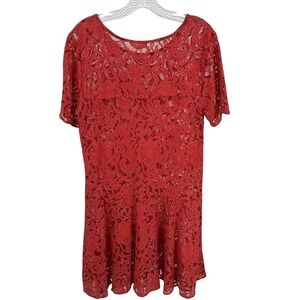 Free People Red Lace Short Sleeve Sheath Dress Feminine Evening Cocktail Sz M